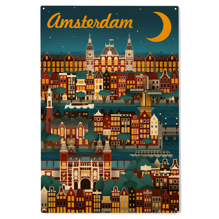 Amsterdam, Retro Skyline, Wood Sign and Postcards