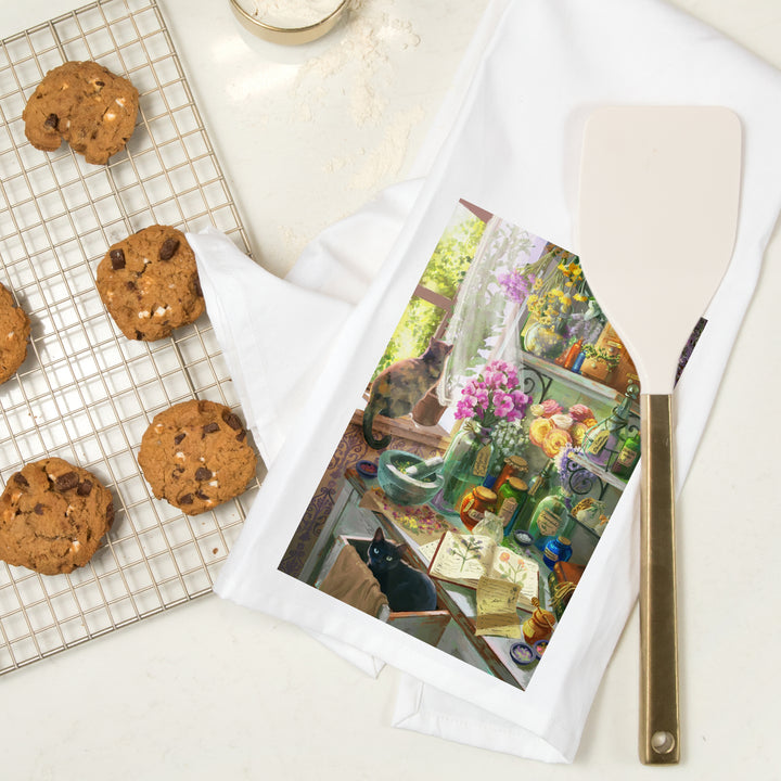 Garden Apothecary, With Cat, Oil Painting, Organic Cotton Kitchen Tea Towels