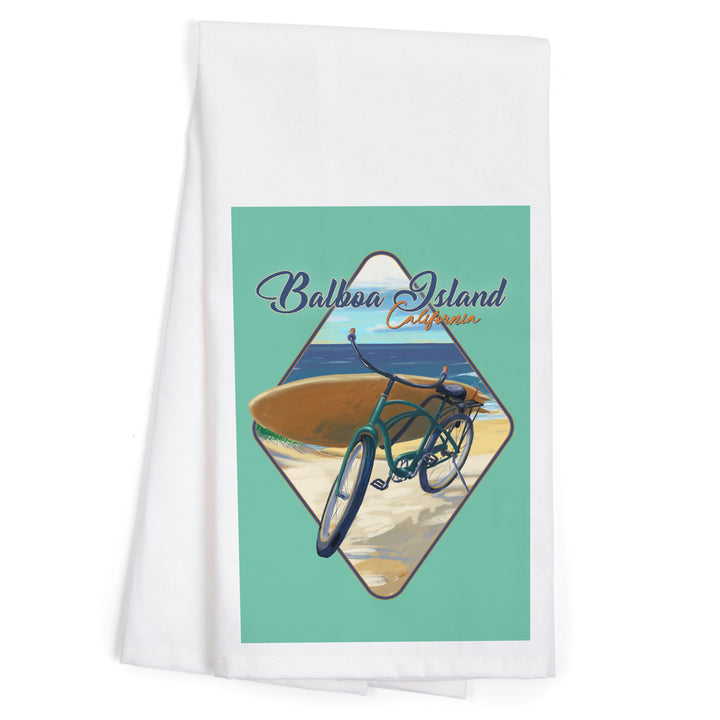Balboa Island, California, Beach Cruiser on Beach, Contour, Organic Cotton Kitchen Tea Towels