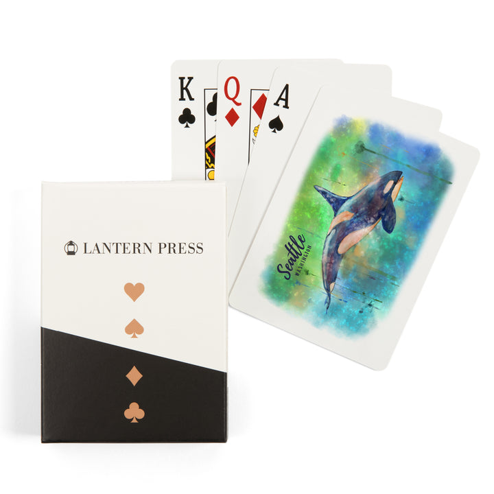 Playing Cards, Seattle, Washington, Orca, Watercolor, 52 Card Deck with Jokers in Box, Unique Art