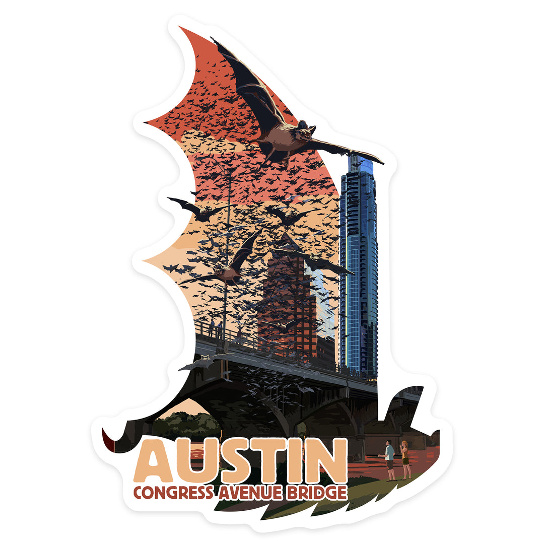 Austin, Texas, Bats & Congress Avenue Bridge, Contour, Lantern Press Artwork, Vinyl Sticker