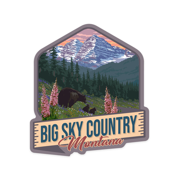 Big Sky Country, Montana, Bear and Spring Flowers, Contour, Vinyl Sticker