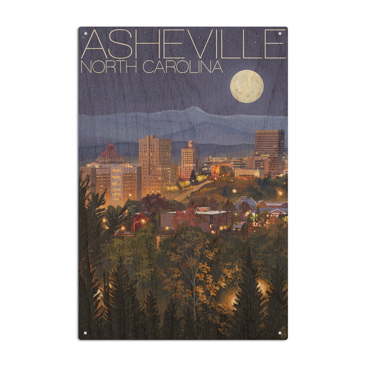 Asheville, North Carolina, Skyline at Night, Lantern Press Artwork, Wood Signs and Postcards