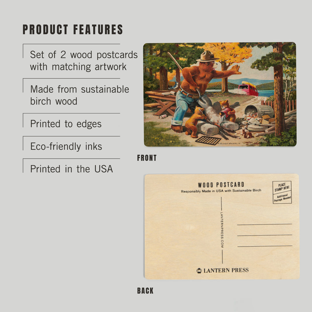 Smokey Bear, Extinguishing Left Campfire, Wood Sign and Postcards