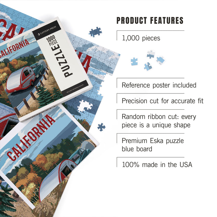 California, Painterly, Retro Camper on Road, 1000 Piece Jigsaw Puzzle