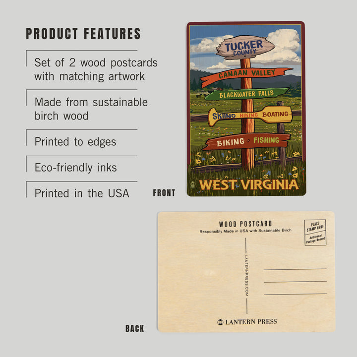 Tucker County, West Virginia, Destination Signpost, Wood Sign and Postcards