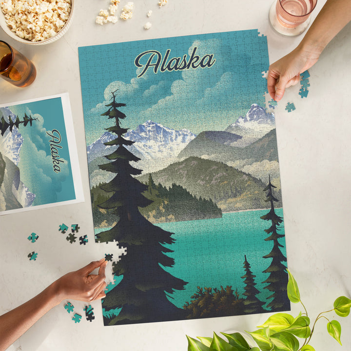 Alaska, Lithograph, Lake and Mountain Scene, Jigsaw Puzzle