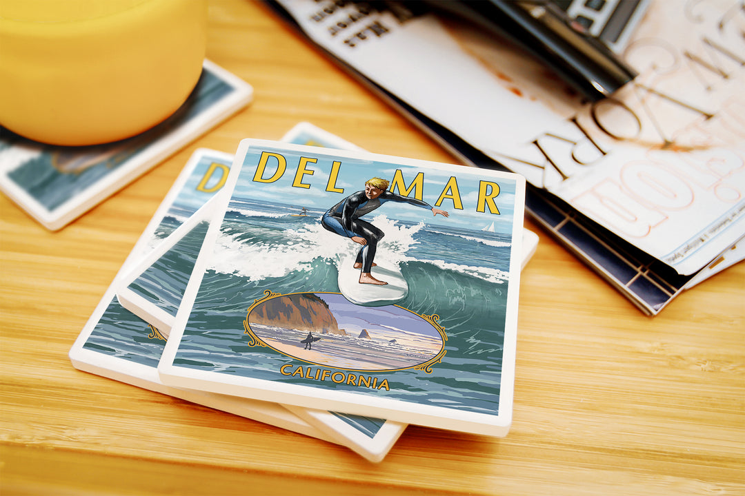 Del Mar, California, Day Surfer with Inset, Coaster Set