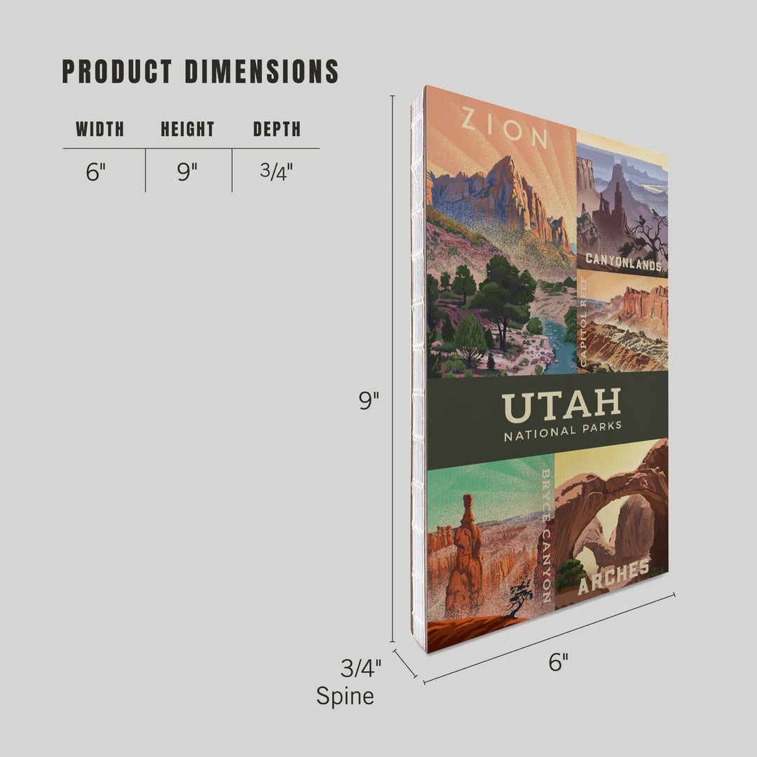 Lined 6x9 Journal, Utah's National Parks Collage, Lithograph National Park Series, Lay Flat, 193 Pages, FSC paper