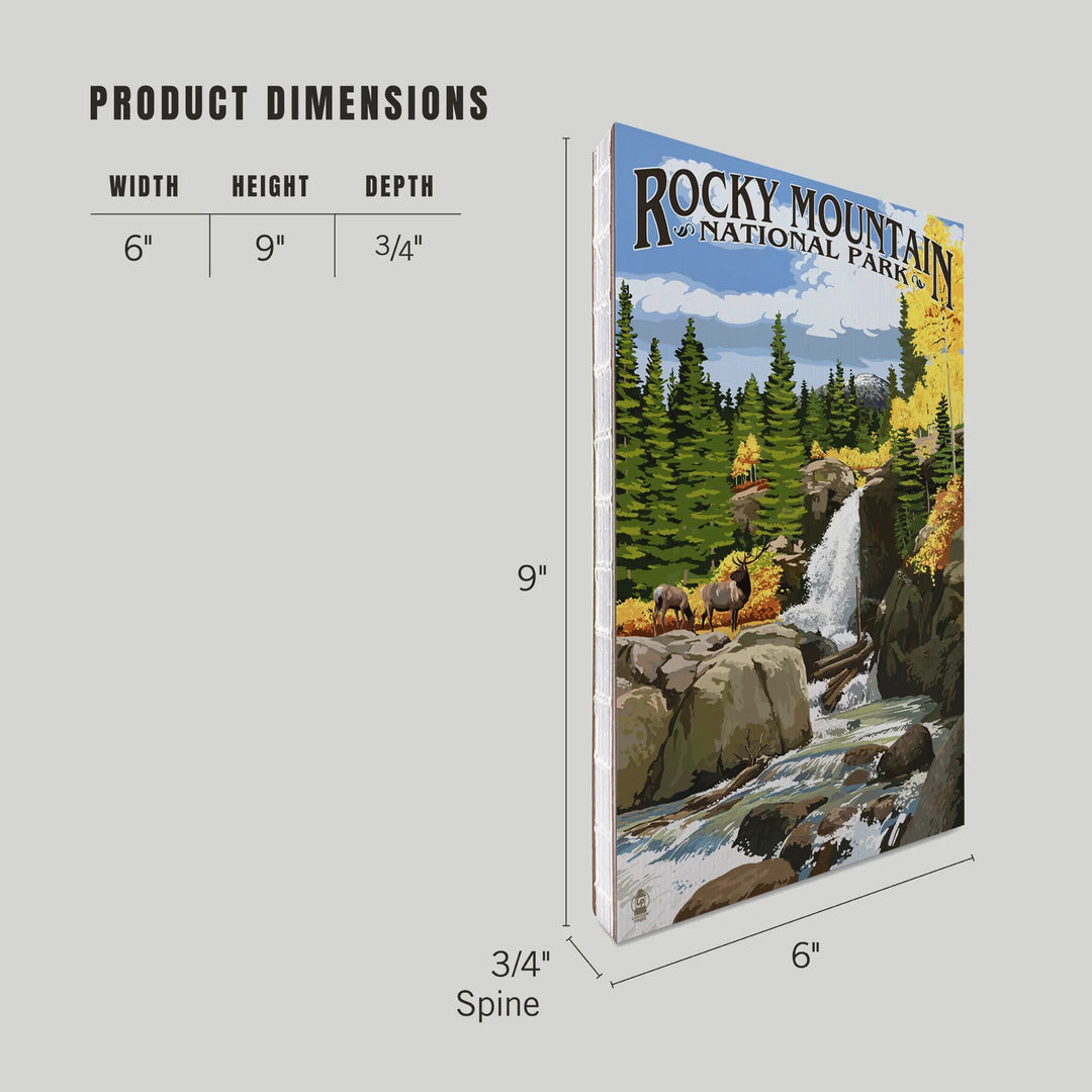 Lined 6x9 Journal, Rocky Mountain National Park, Colorado, Elk and Waterfall, Lay Flat, 193 Pages, FSC paper
