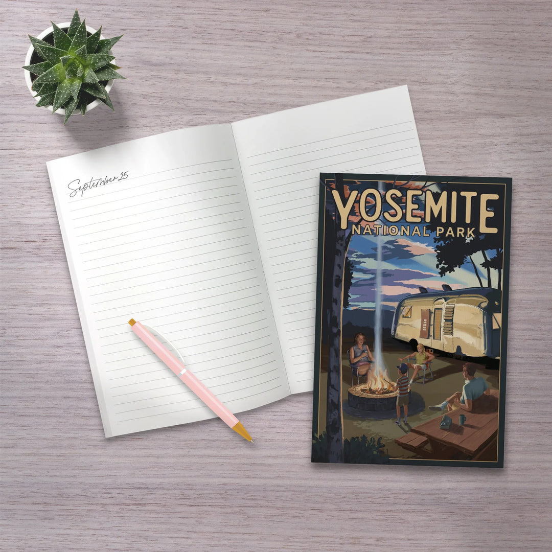 Lined 6x9 Journal, Yosemite National Park, California, Retro Camper and Mountains, Lay Flat, 193 Pages, FSC paper