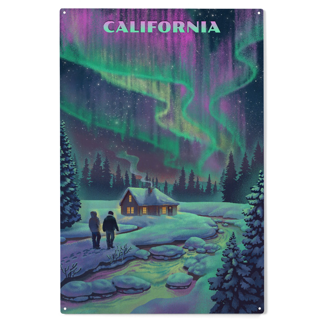 California, Northern Lights and Cabin, Wood Sign and Postcards