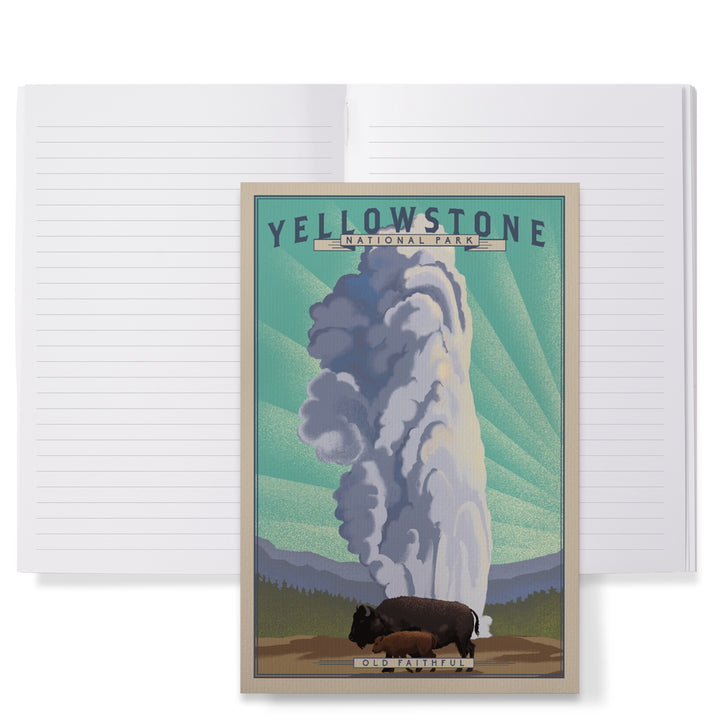 Lined 6x9 Journal, Yellowstone National Park, Wyoming, Old Faithful and Bison, Lithograph National Park Series, Lay Flat, 193 Pages, FSC paper