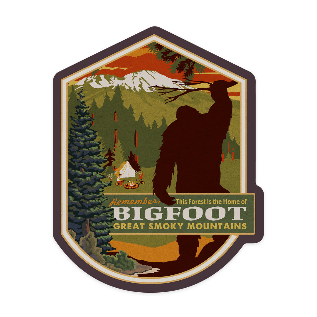 Great Smoky Mountains, Home of Bigfoot, Contour, Lantern Press Artwork, Vinyl Sticker