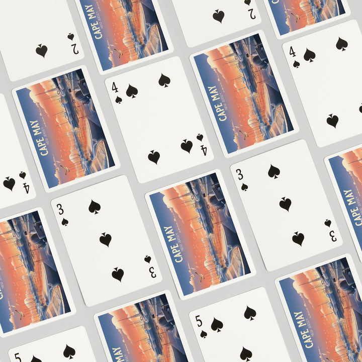Playing Cards, Cape May, New Jersey, Lithograph, Home Sweet Harbor, Boats in Marina, 52 Card Deck with Jokers in Box, Unique Art
