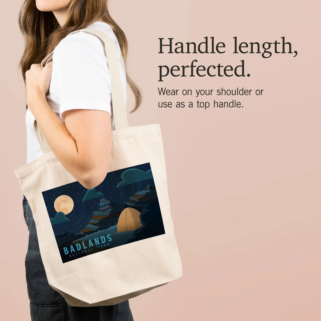 Badlands National Park, South Dakota, Sleep Under The Stars, Tent and Moon, Tote Bag