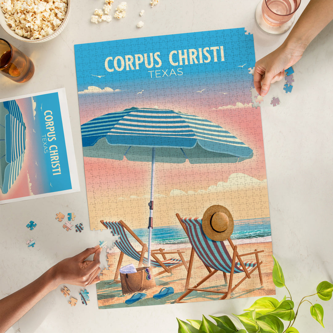 Corpus Christi, Texas, Lithograph, Beach Umbrella and Chair, Jigsaw Puzzle