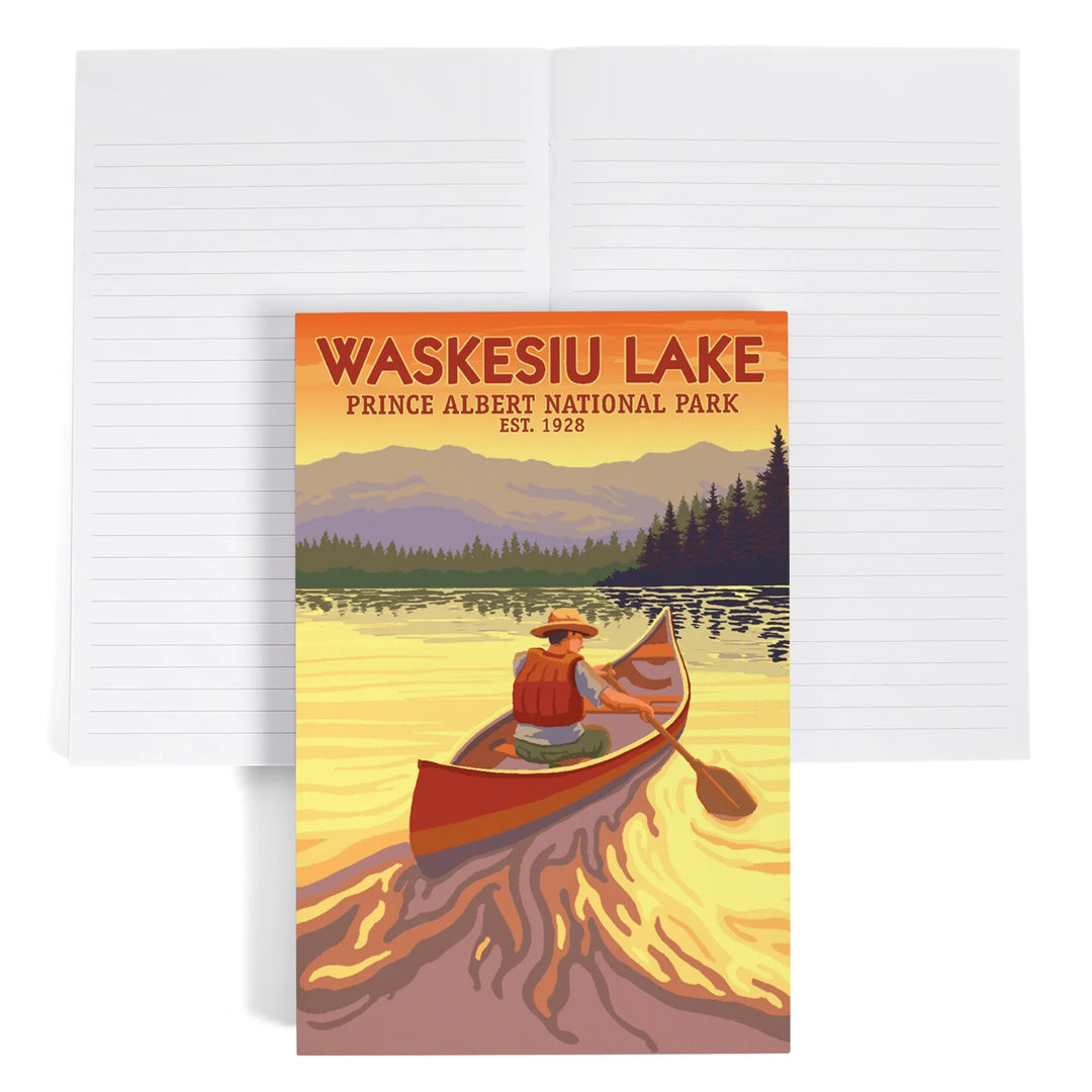 Lined 6x9 Journal, Waskesiu Lake, Saskatchewan, Prince Albert National Park, Canoe Scene, Lay Flat, 193 Pages, FSC paper