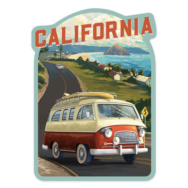 California, Camper Van, Ocean, Contour, Vinyl Sticker - Lantern Press