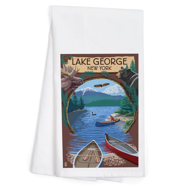 Lake George, New York, Canoe Scene, Organic Cotton Kitchen Tea Towels