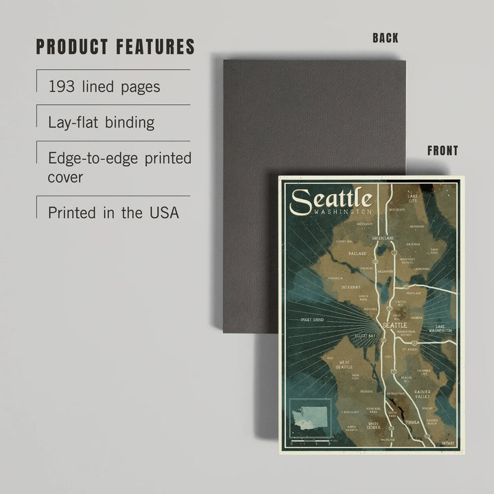 Lined 6x9 Journal, Seattle, Washington, Nautical Map, Lay Flat, 193 Pages, FSC paper