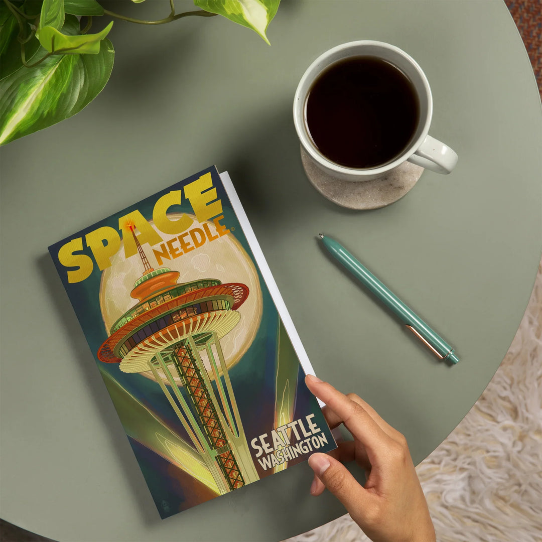 Lined 6x9 Journal, Seattle, Washington, Space Needle and Full Moon, Lay Flat, 193 Pages, FSC paper