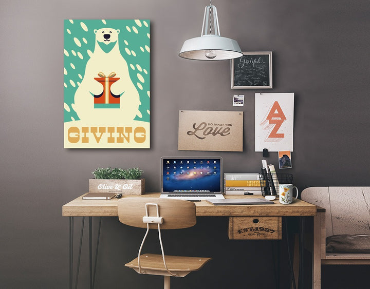 Gift, Polar Bear, Retro Christmas, Lantern Press Artwork, Stretched Canvas