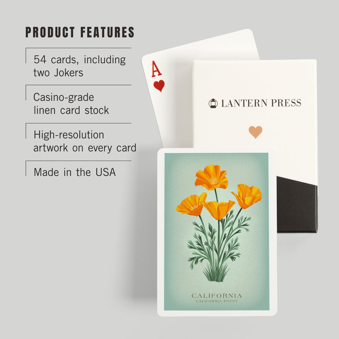 Playing Cards, California, Vintage Flora, State Series, California Poppy, 52 Card Deck with Jokers in Box, Unique Art