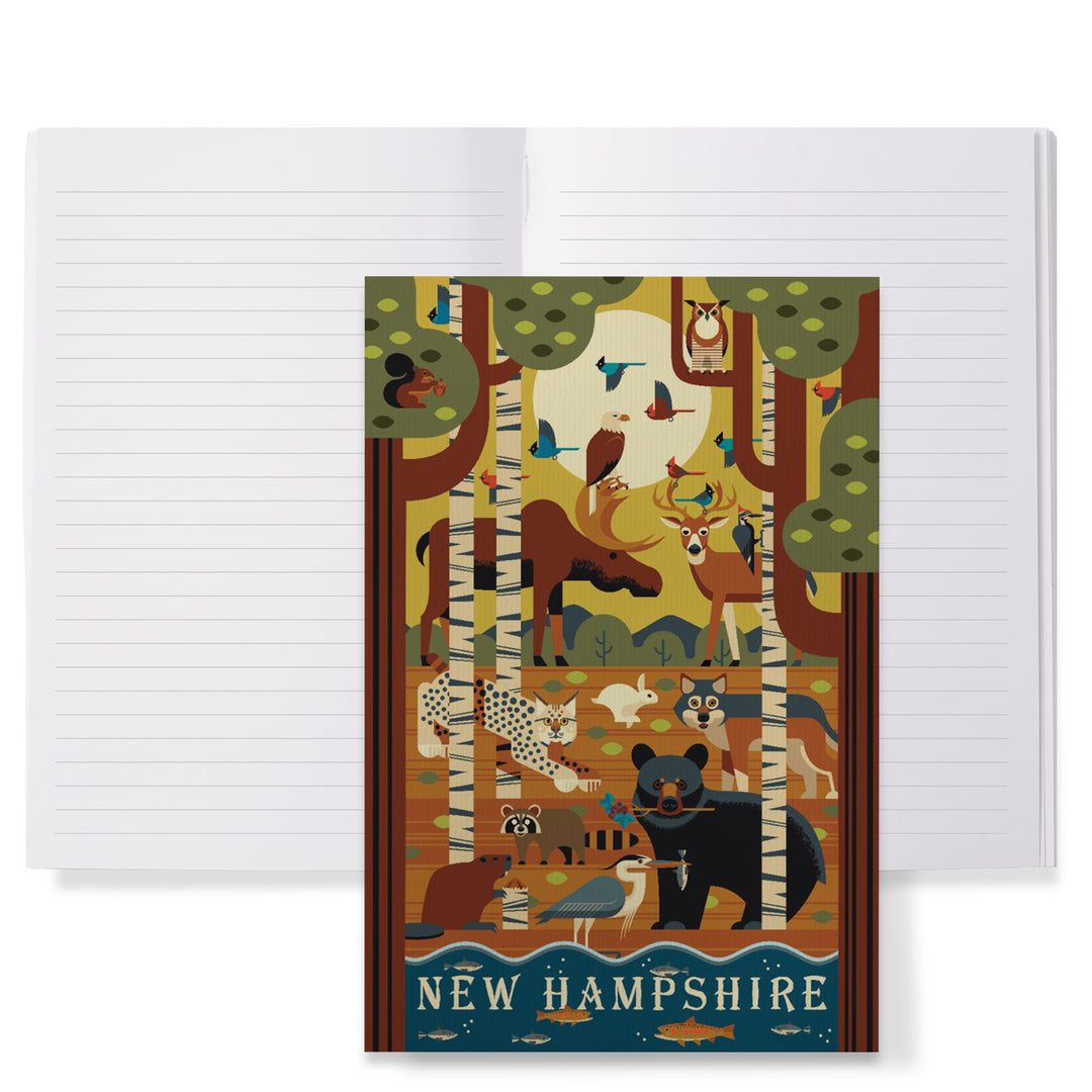 Lined 6x9 Journal, New Hampshire, Forest Animals, Geometric, Lay Flat, 193 Pages, FSC paper