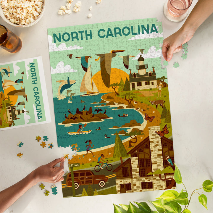 North Carolina Wildlife, Lighthouse and Coastal Life Illustration, 1000 Piece Jigsaw Puzzle