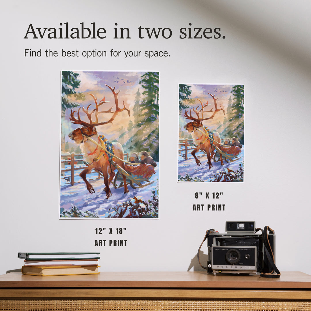 Holiday Tradition, Reindeer Sleigh Ride Through Mountain Snow, Art & Giclee Prints