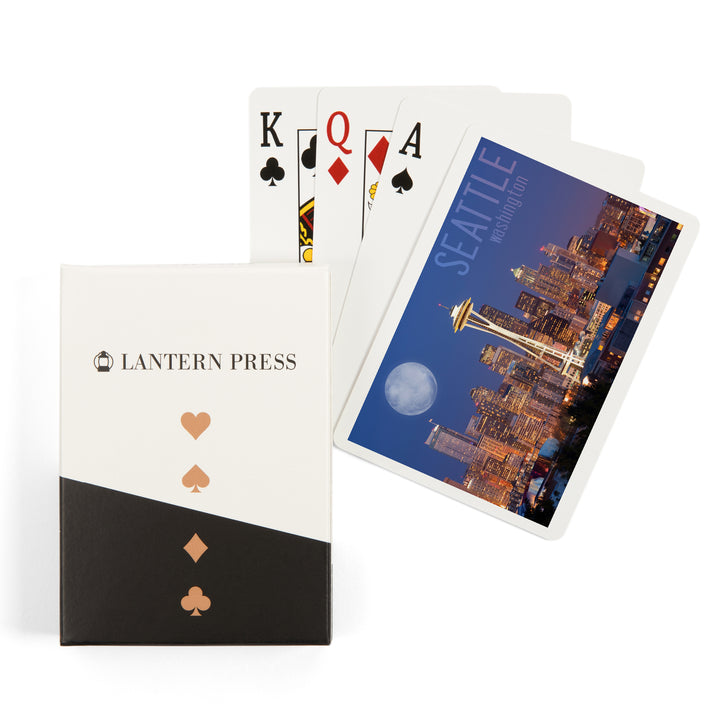 Playing Cards, Seattle, Washington, Skyline and Full Moon, 52 Card Deck with Jokers in Box, Unique Art
