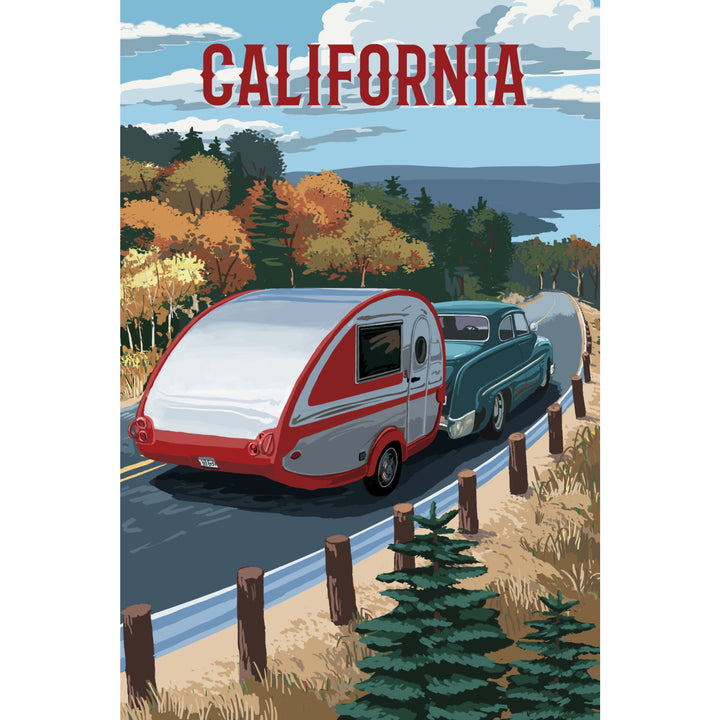 California, Painterly, Retro Camper on Road, Stretched Canvas