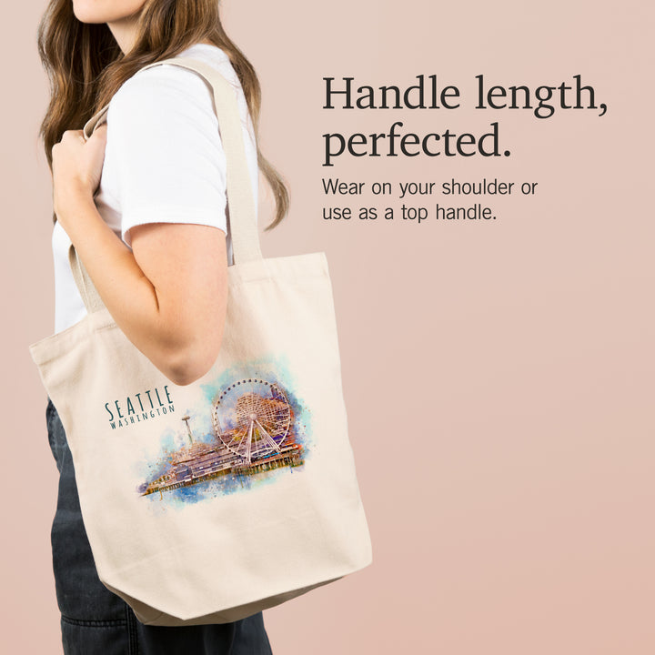 Seattle Skyline, Ferris Wheel, Watercolor, Tote Bag