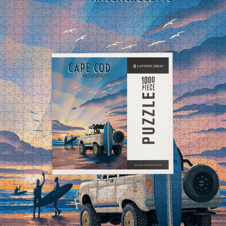 Cape Cod, Massachusetts, Surfers on Beach, Lithograph, 1000 Piece Jigsaw Puzzle