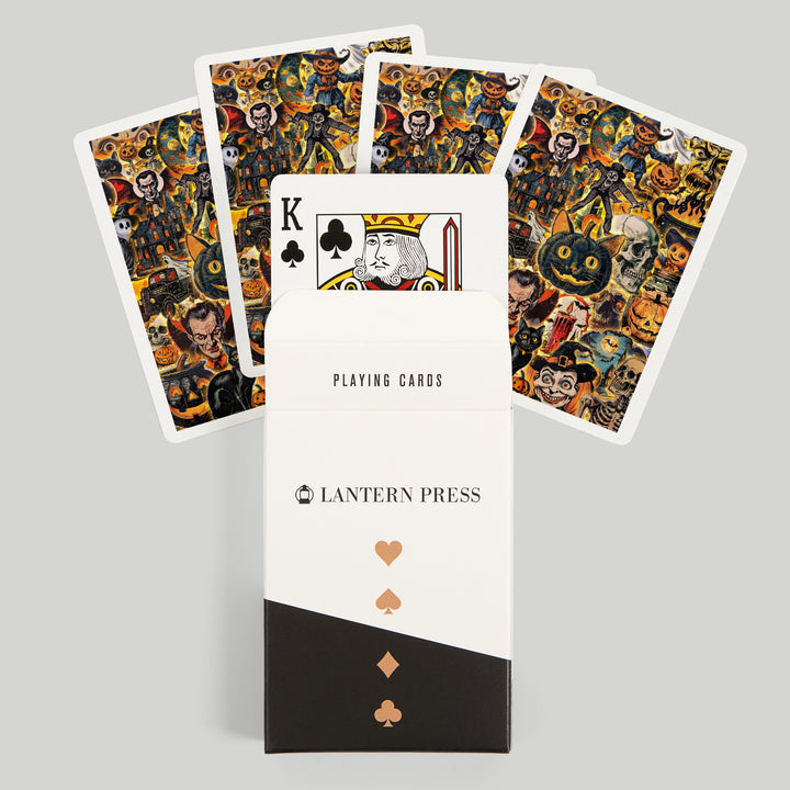 Playing Cards, Vintage Halloween Collage, 52 Card Deck with Jokers in Box, Unique Art