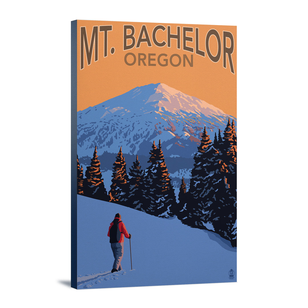 Oregon, Mt. Bachelor and Skier, Lantern Press Artwork, Stretched Canvas