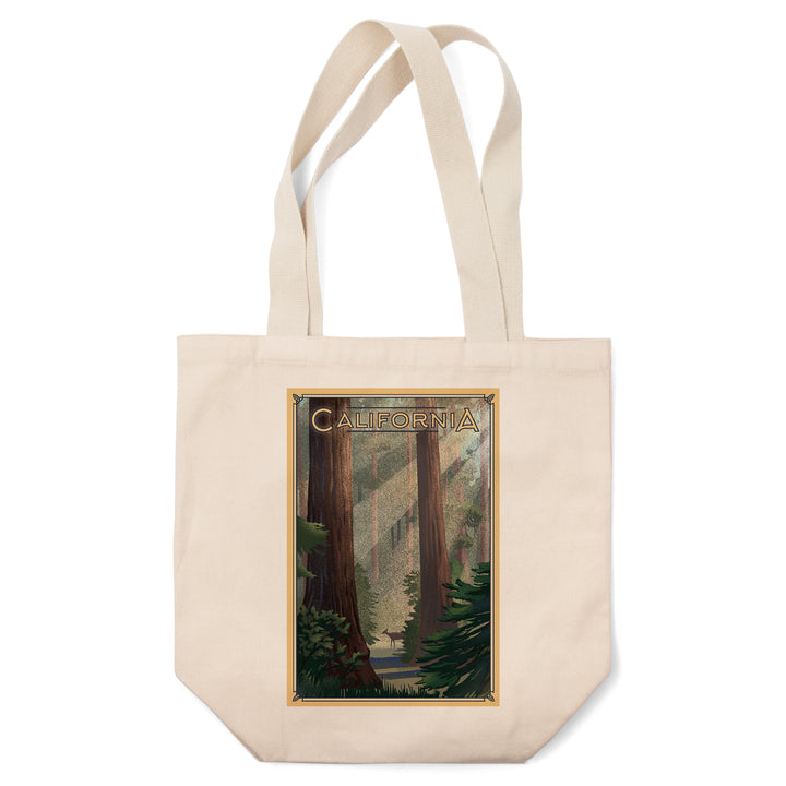 California, Deer in Forest, Lithograph, Tote Bag