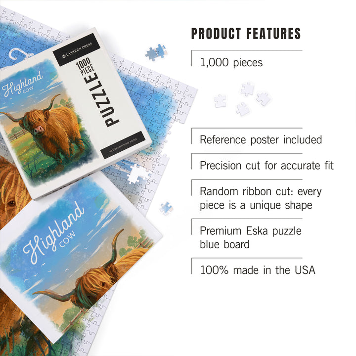 Watercolor Study, Highland Cow, 1000 Piece Jigsaw Puzzle