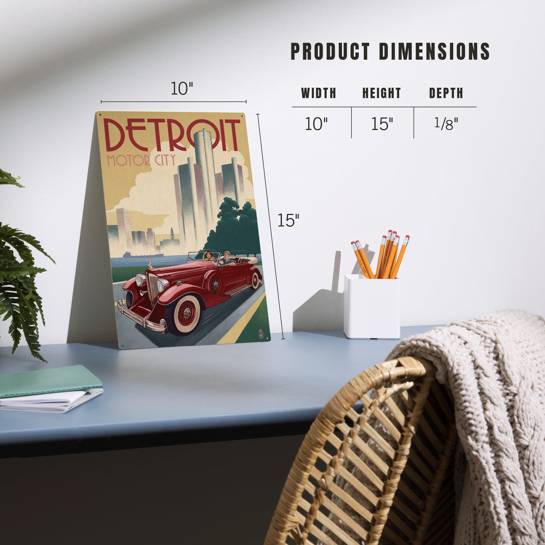 Detroit, Michigan, Vintage Car and Skyline, Wood Sign and Postcards