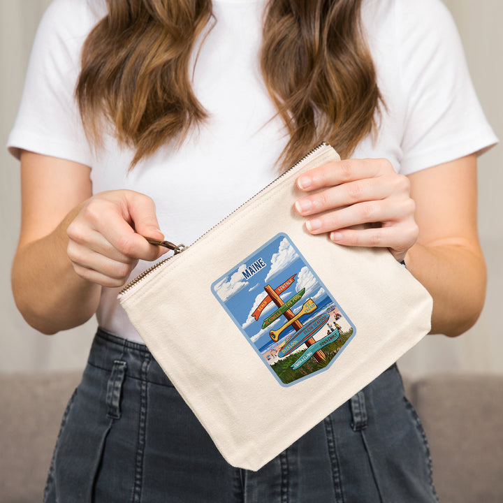 Maine, Signpost, Coast Beach with Umbrellas,, Organic Cotton Zipper Pouch, Go Bag