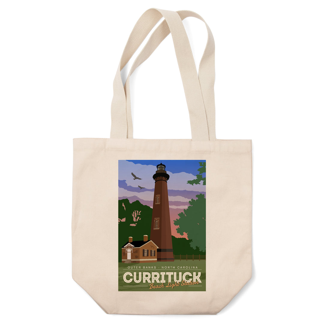 Outer Banks, North Carolina, Currituck Beach Lighthouse, Vector Style, Lantern Press Artwork, Tote Bag