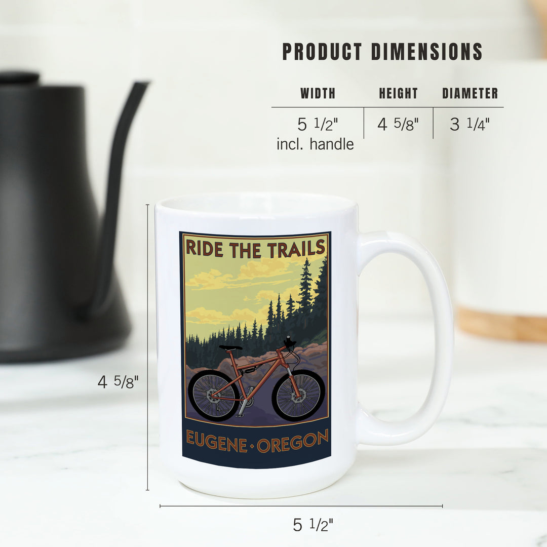 Eugene, Oregon, Ride the Trails, Lantern Press Artwork, Ceramic Mug