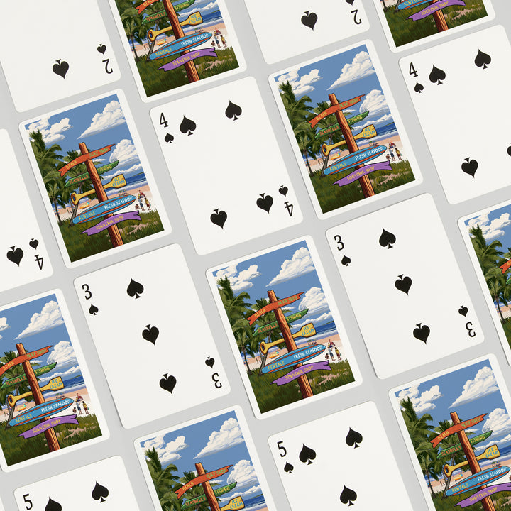 Playing Cards, Signpost, Coast Beach with Palms, 52 Card Deck with Jokers in Box, Unique Art