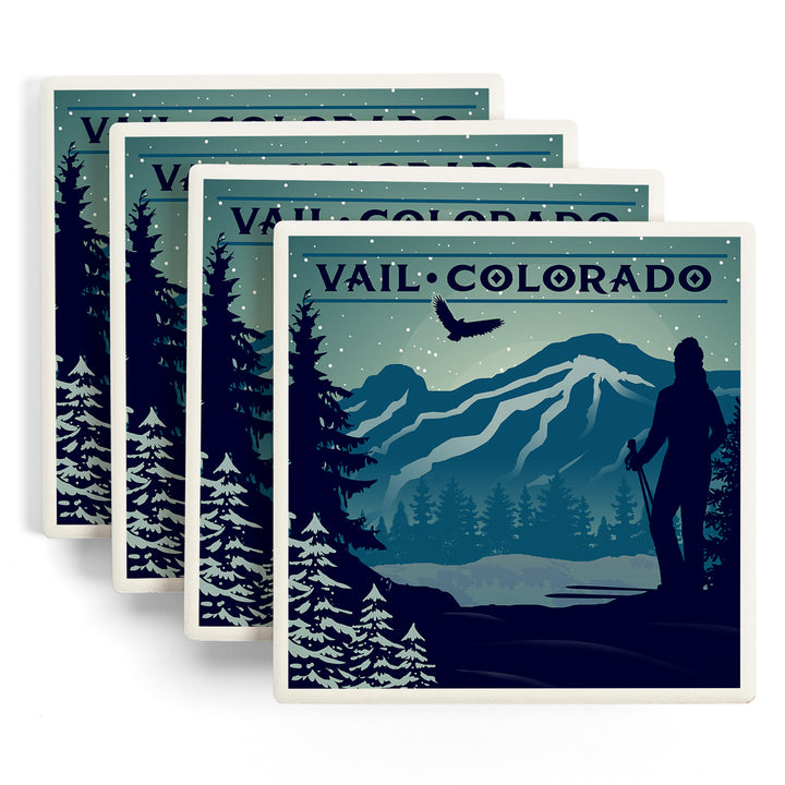 Vail, Colorado, Silhouette, Skier and Mountain, Coaster Set
