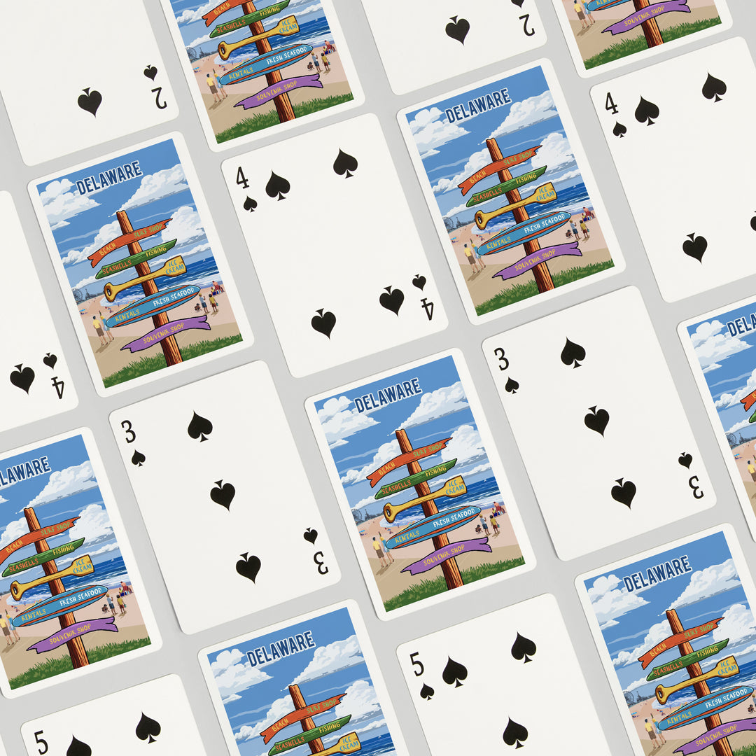 Playing Cards, Delaware, Signpost, Coast Beach with Pier, 52 Card Deck with Jokers in Box, Unique Art
