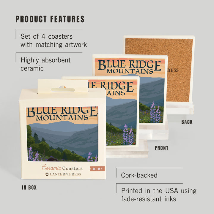 Blue Ridge Mountains, Bear Family and Spring Flowers, Coasters