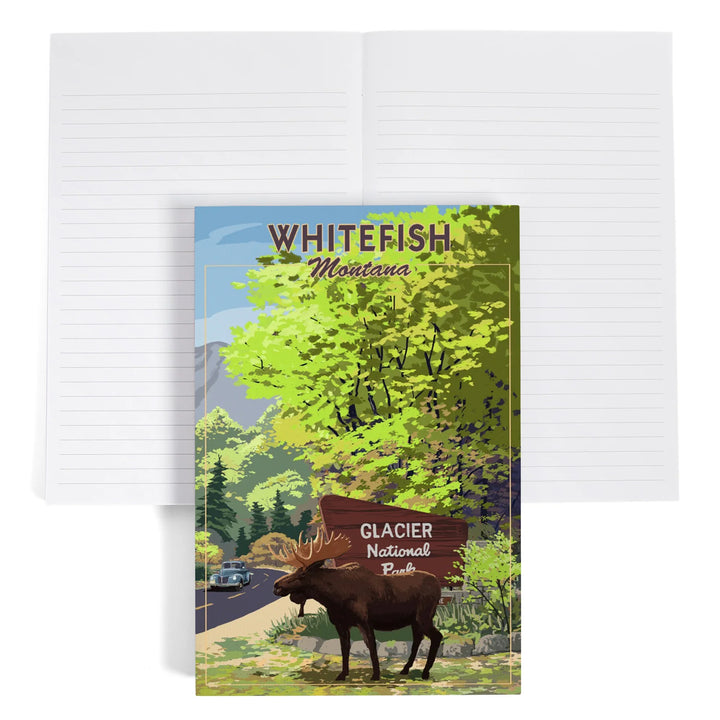Lined 6x9 Journal, Whitefish, Montana, Scenic Byway and Moose, Glacier National Park, Lay Flat, 193 Pages, FSC paper
