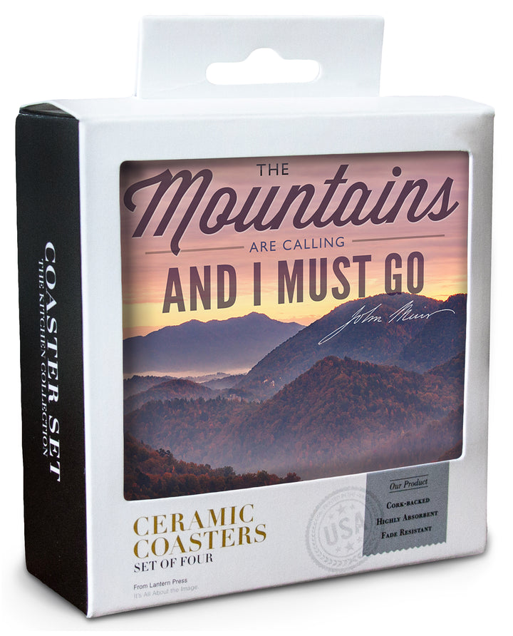 Great Smoky Mountains, Tennessee, John Muir, The Mountains are Calling, Sunset, Coaster Set