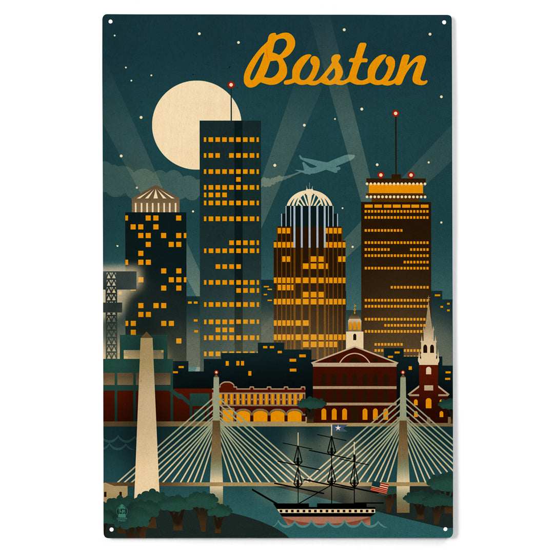 Boston, Massachusetts, Retro Skyline, Wood Sign and Postcards